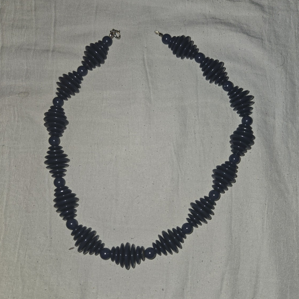 Vintage Navy Blue Acrylic Disc Bead Necklace Statement Choker Graduated Retro